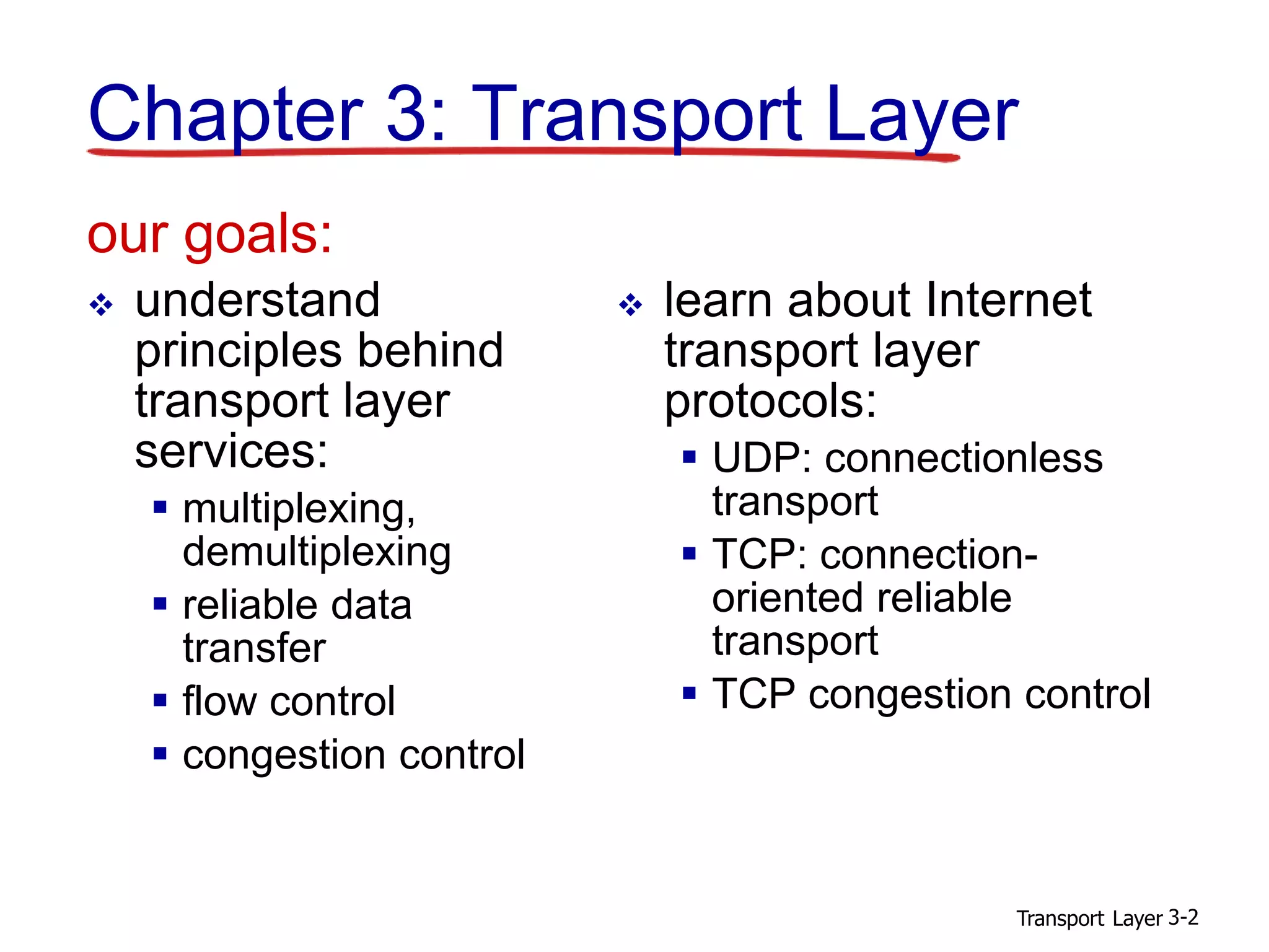 Transport Layer 3-2
Chapter 3: Transport Layer
our goals:
 understand
principles behind
transport layer
services:
 multiplexing,
demultiplexing
 reliable data
transfer
 flow control
 congestion control
 learn about Internet
transport layer
protocols:
 UDP: connectionless
transport
 TCP: connection-
oriented reliable
transport
 TCP congestion control
 