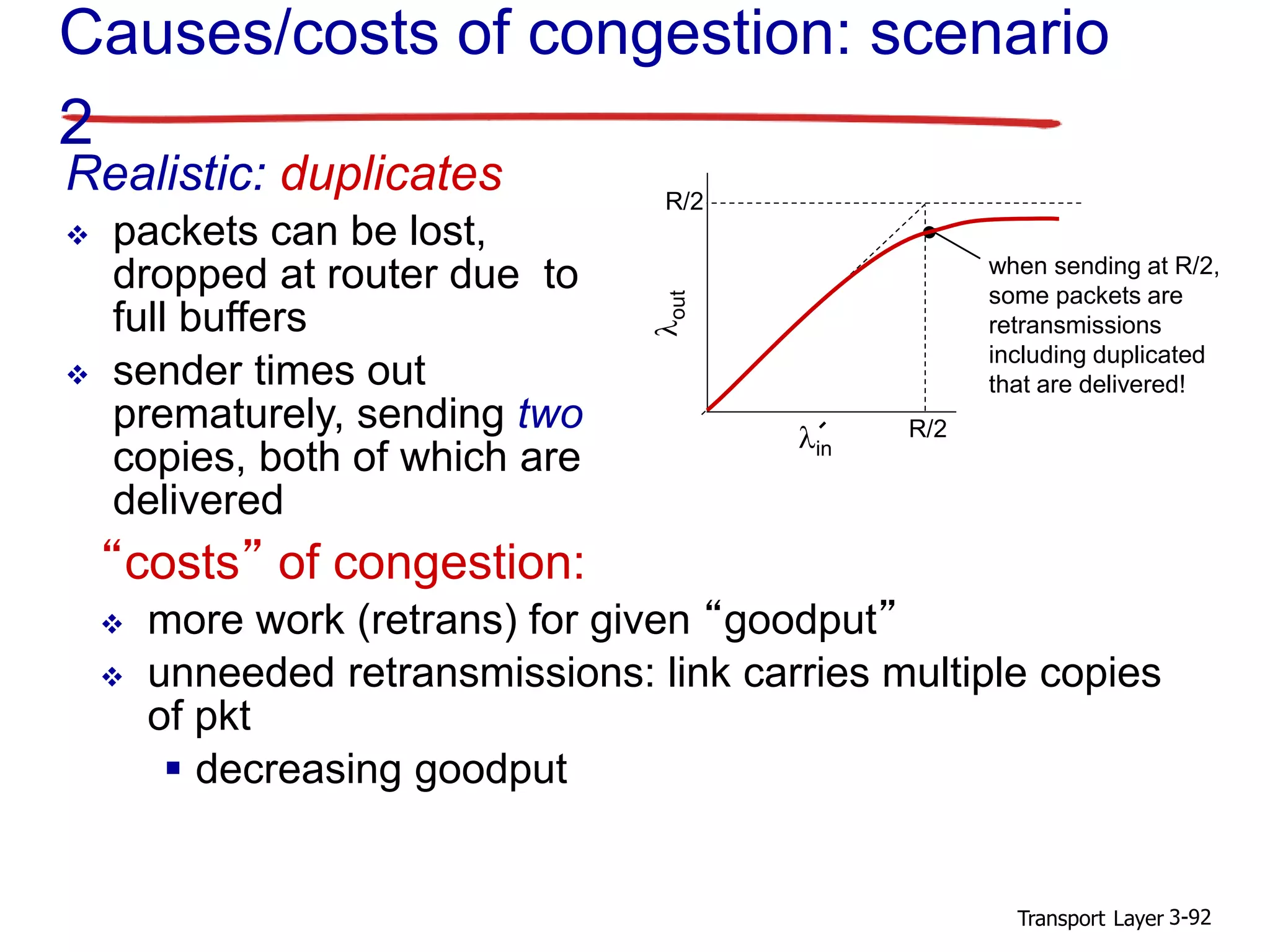 Transport Layer 3-92
R/2
lout
when sending at R/2,
some packets are
retransmissions
including duplicated
that are delivered!
“costs” of congestion:
 more work (retrans) for given “goodput”
 unneeded retransmissions: link carries multiple copies
of pkt
 decreasing goodput
R/2lin
Causes/costs of congestion: scenario
2
Realistic: duplicates
 packets can be lost,
dropped at router due to
full buffers
 sender times out
prematurely, sending two
copies, both of which are
delivered
 