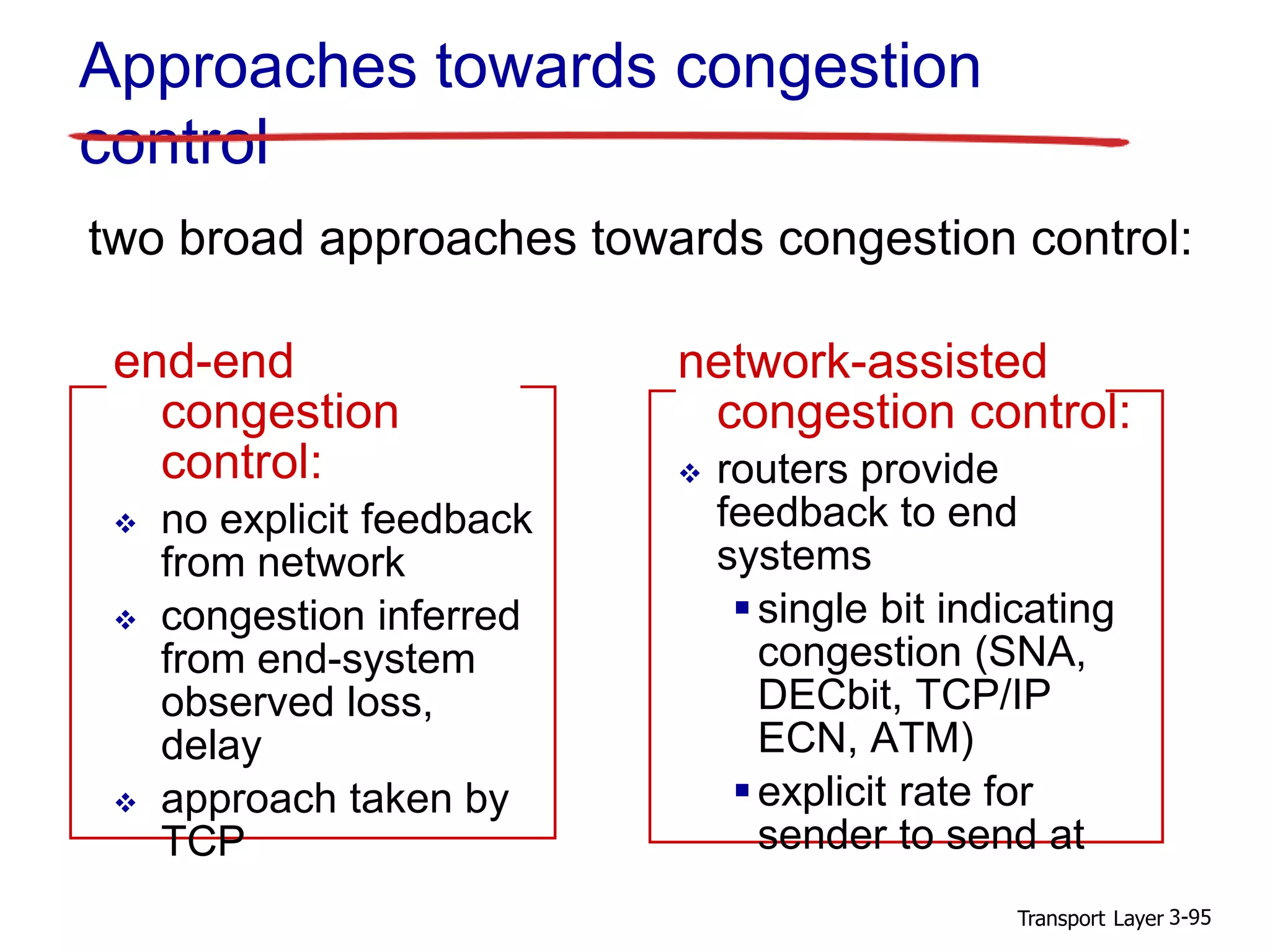 Transport Layer 3-95
Approaches towards congestion
control
two broad approaches towards congestion control:
end-end
congestion
control:
 no explicit feedback
from network
 congestion inferred
from end-system
observed loss,
delay
 approach taken by
TCP
network-assisted
congestion control:
 routers provide
feedback to end
systems
single bit indicating
congestion (SNA,
DECbit, TCP/IP
ECN, ATM)
explicit rate for
sender to send at
 