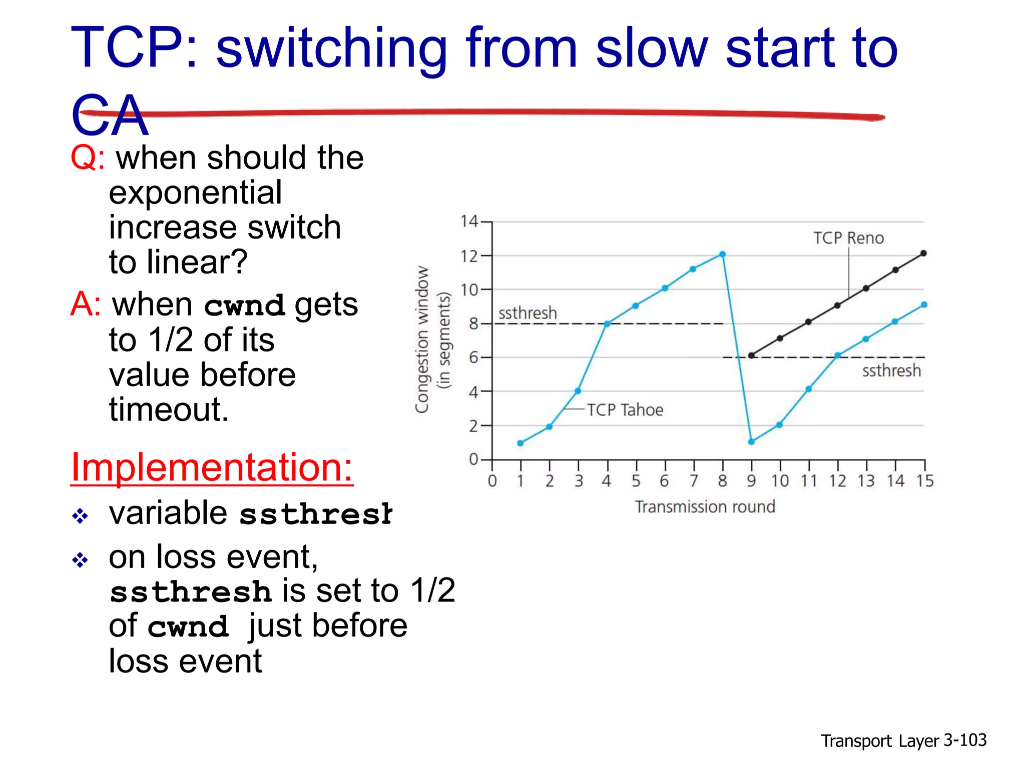 Transport Layer 3-103
Q: when should the
exponential
increase switch
to linear?
A: when cwnd gets
to 1/2 of its
value before
timeout.
Implementation:
 variable ssthresh
 on loss event,
ssthresh is set to 1/2
of cwnd just before
loss event
TCP: switching from slow start to
CA
 