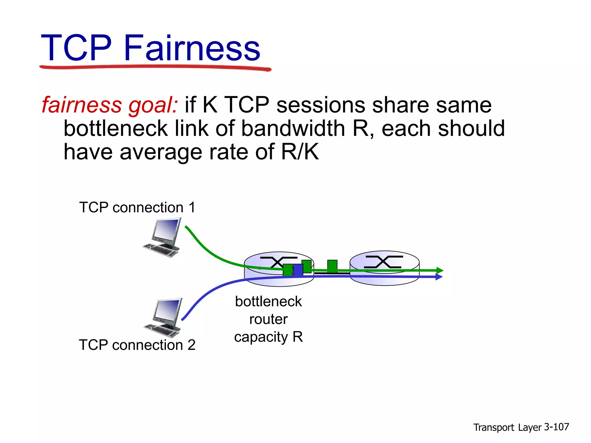 Transport Layer 3-107
fairness goal: if K TCP sessions share same
bottleneck link of bandwidth R, each should
have average rate of R/K
TCP connection 1
bottleneck
router
capacity R
TCP Fairness
TCP connection 2
 