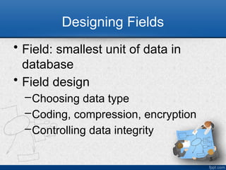 5
Designing Fields
• Field: smallest unit of data in
database
• Field design
–Choosing data type
–Coding, compression, encryption
–Controlling data integrity
 