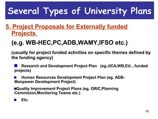 18
5. Project Proposals for Externally funded
Projects
(e.g. WB-HEC,PC,ADB,WAMY,IFSO etc.)
(usually for project funded activities on specific themes defined by
the funding agency)
Research and Development Project Plan (eg.JICA,WB,EU…funded
projects)
Human Resources Development Project Plan (eg. ADB-
Manpower Development Project)
Quality Improvement Project Plans (eg. ORIC,Planning
Commision,Monitoring Teams etc.)
Etc.
Several Types of University Plans
 