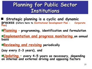 21
Planning for Public SectorPlanning for Public Sector
InstitutionsInstitutions
Strategic planning is a cyclic and dynamic
process (refers here to Institutional Development Plan - Corporate
Plan)
Planning – programming, identification and formulation
Implementation and progress monitoring on annual
basis
Reviewing and revising periodically
(say every 2-3 years), and
Updating – every 4-5 years as necessary, depending
on internal and external driving and opposing factors
 
