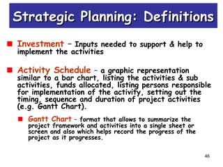 46
Investment – Inputs needed to support & help to
implement the activities
Activity Schedule – a graphic representation
similar to a bar chart, listing the activities & sub
activities, funds allocated, listing persons responsible
for implementation of the activity, setting out the
timing, sequence and duration of project activities
(e.g. Gantt Chart).
Gantt Chart – format that allows to summarize the
project framework and activities into a single sheet or
screen and also which helps record the progress of the
project as it progresses.
Strategic Planning: DefinitionsStrategic Planning: Definitions
 