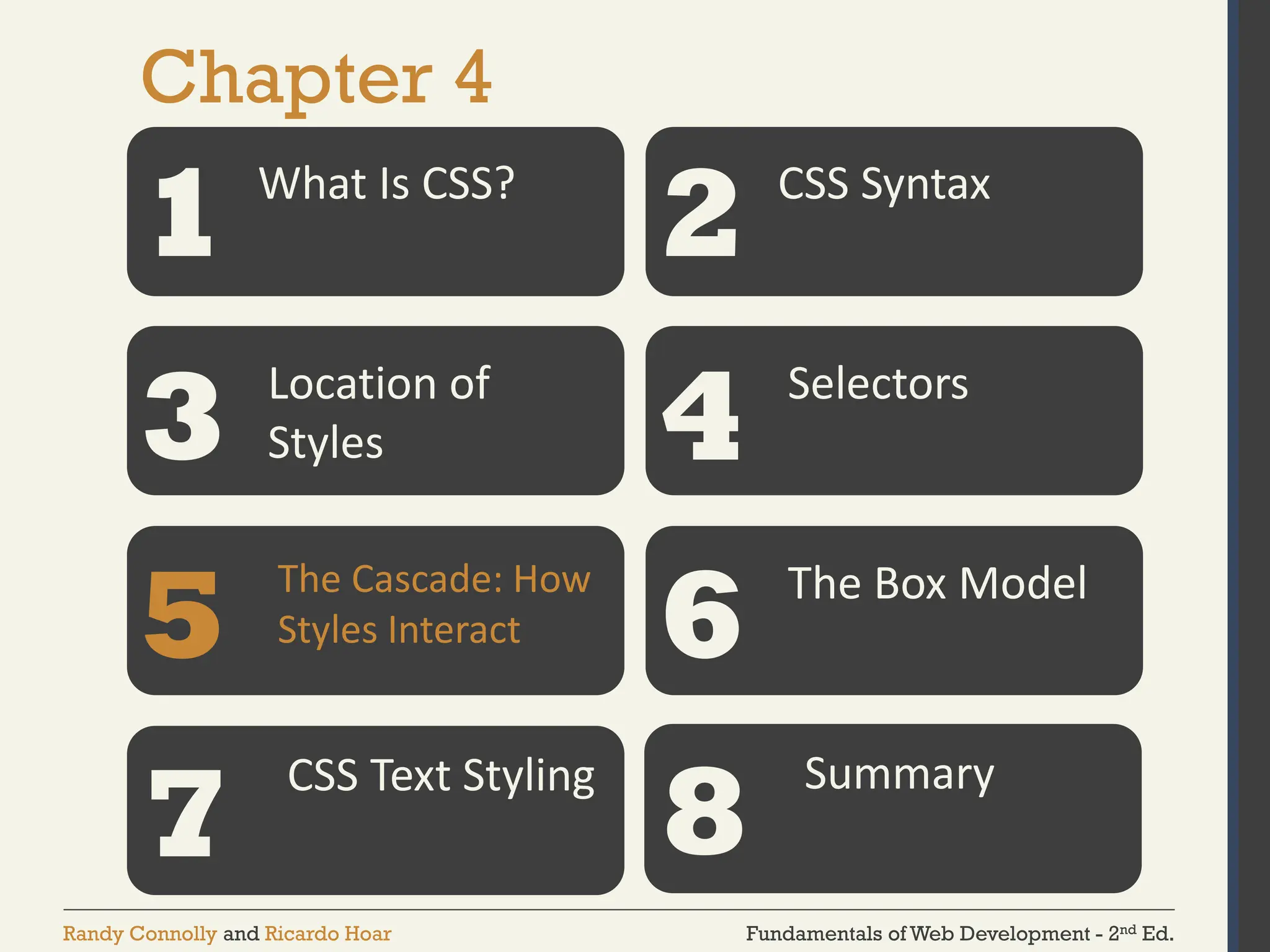 Fundamentals of Web Development - 2nd Ed.
Randy Connolly and Ricardo Hoar
Chapter 4
1 2
3 4
5 6
What Is CSS? CSS Syntax
Location of
Styles
Selectors
The Cascade: How
Styles Interact
The Box Model
7
CSS Text Styling
8
Summary
 