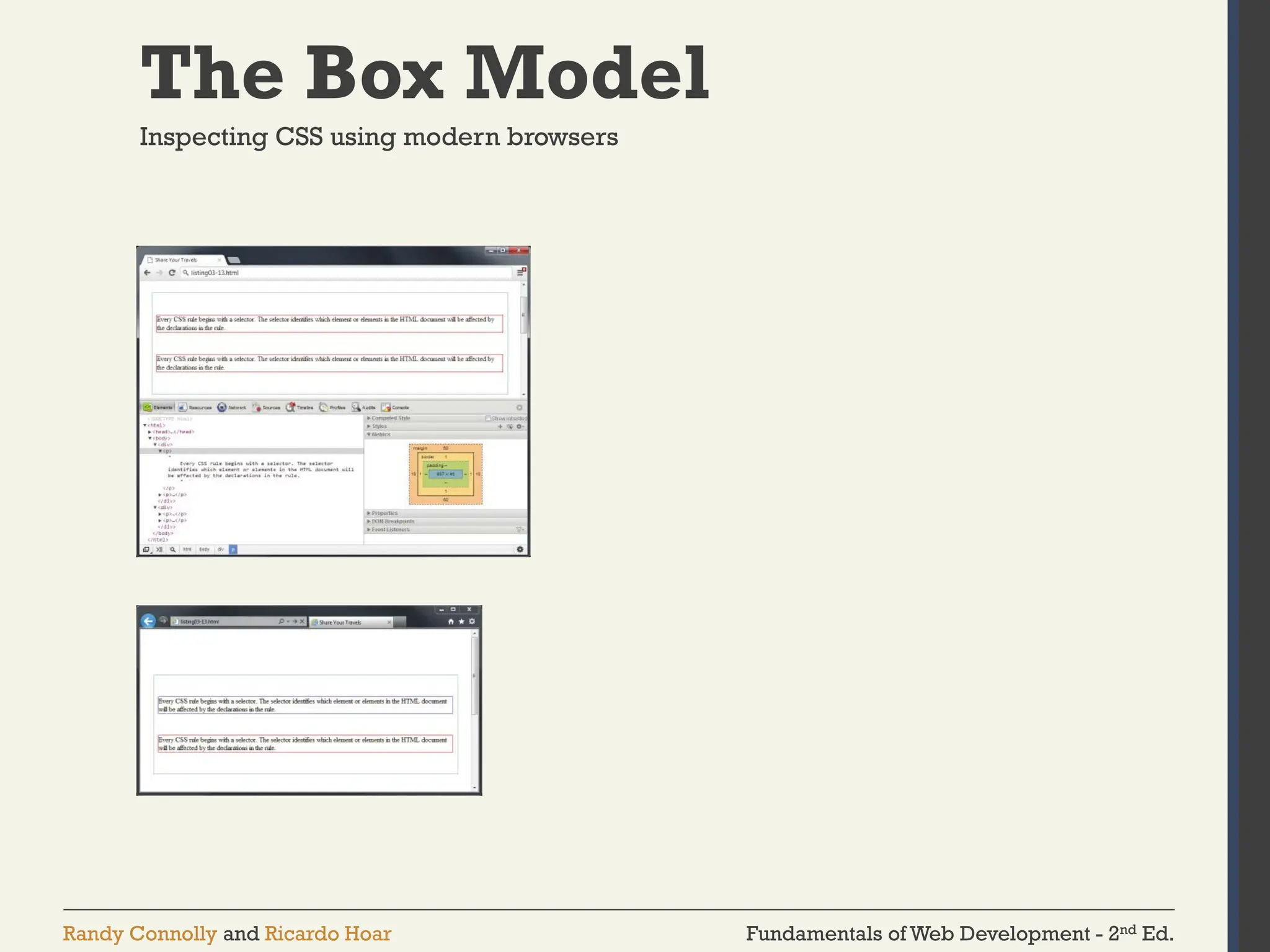 Fundamentals of Web Development - 2nd Ed.
Randy Connolly and Ricardo Hoar
The Box Model
Inspecting CSS using modern browsers
 