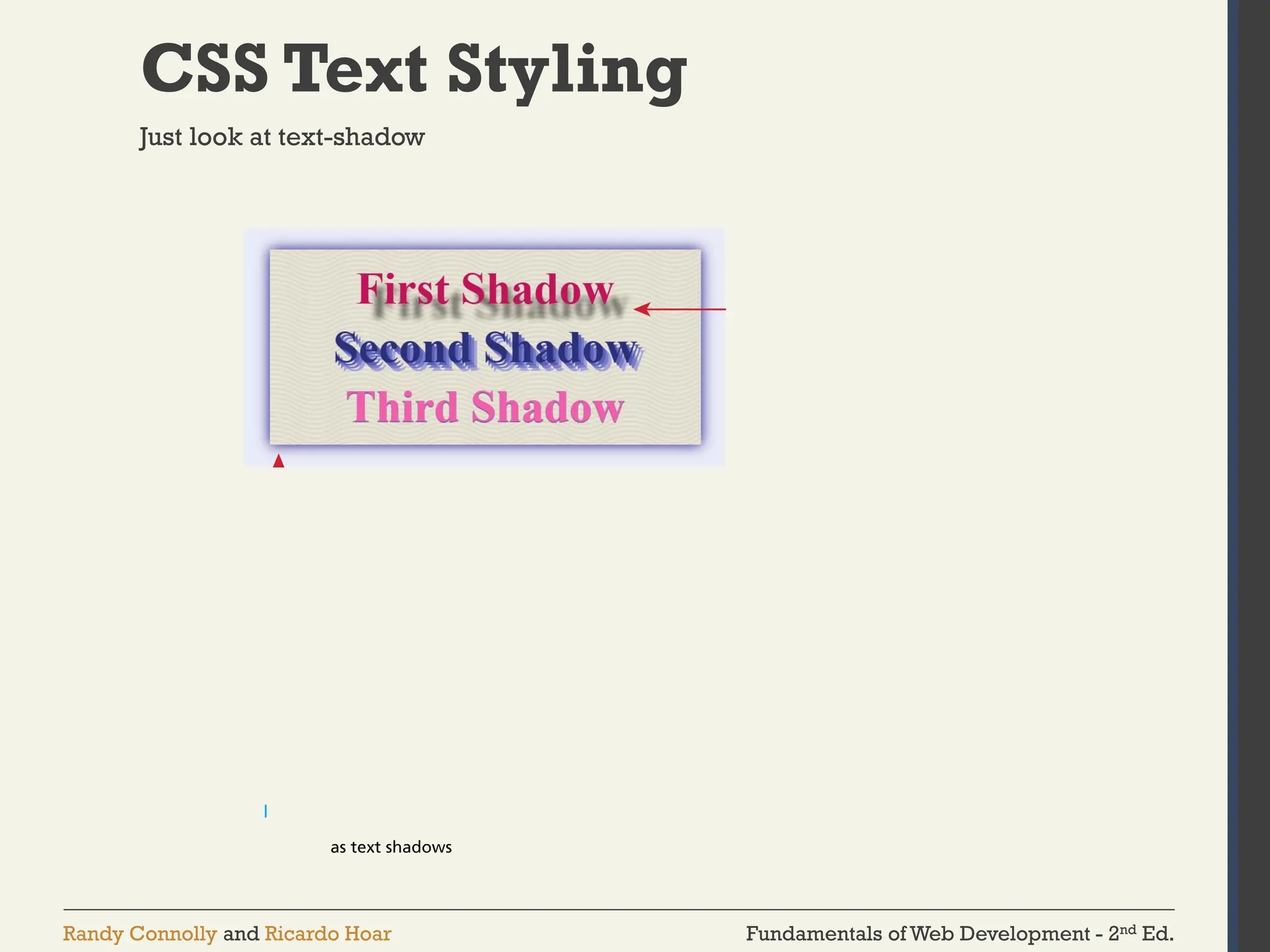 Fundamentals of Web Development - 2nd Ed.
Randy Connolly and Ricardo Hoar
CSS Text Styling
Just look at text-shadow
 