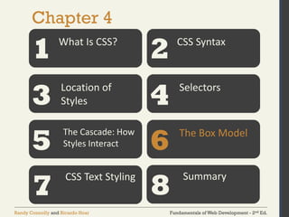 Fundamentals of Web Development - 2nd Ed.
Randy Connolly and Ricardo Hoar
Chapter 4
1 2
3 4
5 6
What Is CSS? CSS Syntax
Location of
Styles
Selectors
The Cascade: How
Styles Interact
The Box Model
7
CSS Text Styling
8
Summary
 