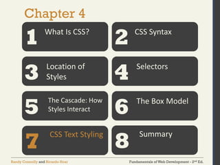 Fundamentals of Web Development - 2nd Ed.
Randy Connolly and Ricardo Hoar
Chapter 4
1 2
3 4
5 6
What Is CSS? CSS Syntax
Location of
Styles
Selectors
The Cascade: How
Styles Interact
The Box Model
7
CSS Text Styling
8
Summary
 