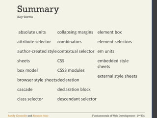 Fundamentals of Web Development - 2nd Ed.
Randy Connolly and Ricardo Hoar
Summary
absolute units
attribute selector
author-created style
sheets
box model
browser style sheets
cascade
class selector
collapsing margins
combinators
contextual selector
CSS
CSS3 modules
declaration
declaration block
descendant selector
element box
element selectors
em units
embedded style
sheets
external style sheets
Key Terms
 