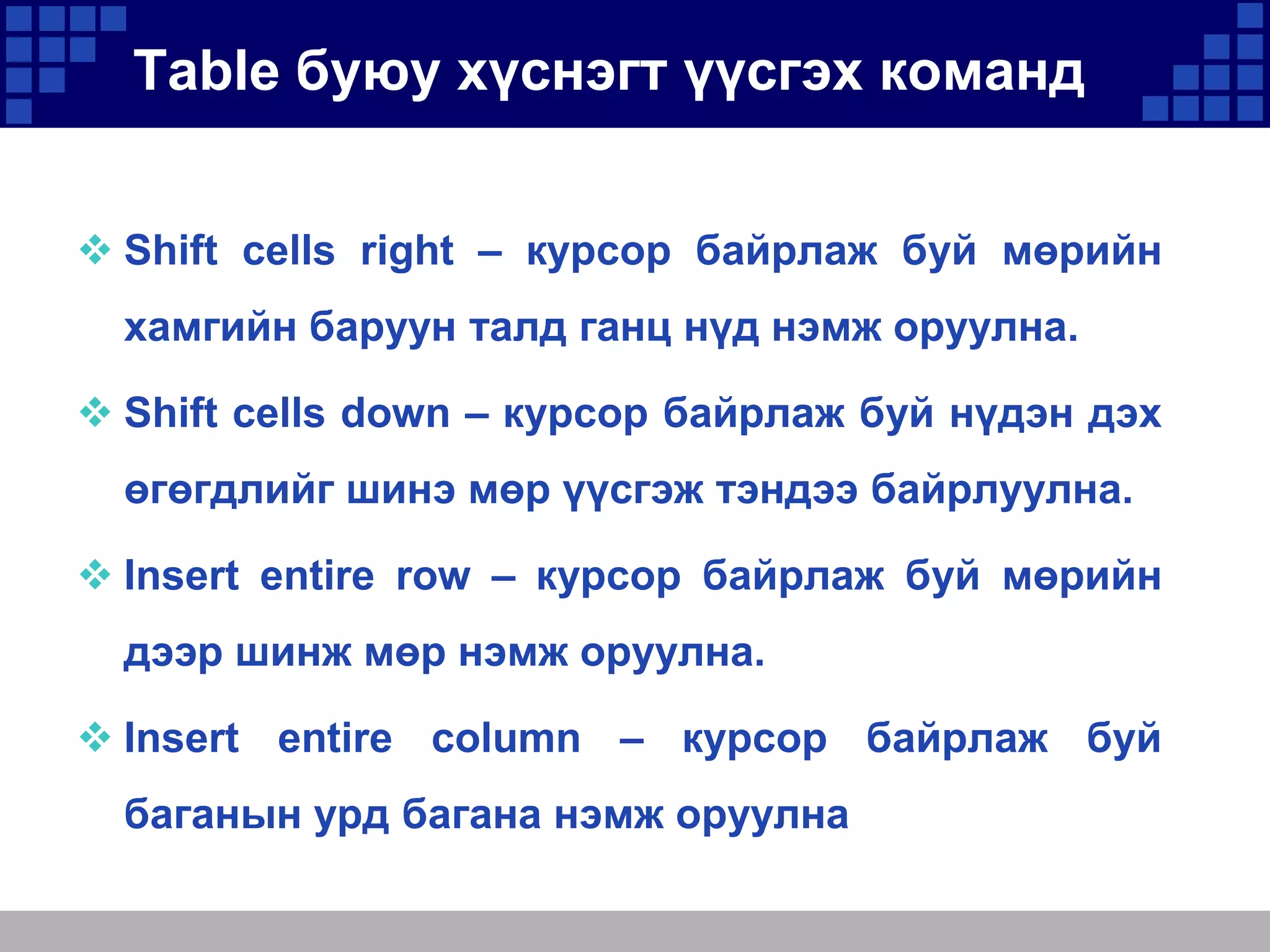 Table буюу хүснэгт үүсгэх команд
 Shift cells right – курсор байрлаж буй мөрийн

хамгийн баруун талд ганц нүд нэмж оруулна.
 Shift cells down – курсор байрлаж буй нүдэн дэх
өгөгдлийг шинэ мөр үүсгэж тэндээ байрлуулна.

 Insert entire row – курсор байрлаж буй мөрийн
дээр шинж мөр нэмж оруулна.
 Insert entire column – курсор байрлаж буй
баганын урд багана нэмж оруулна

 