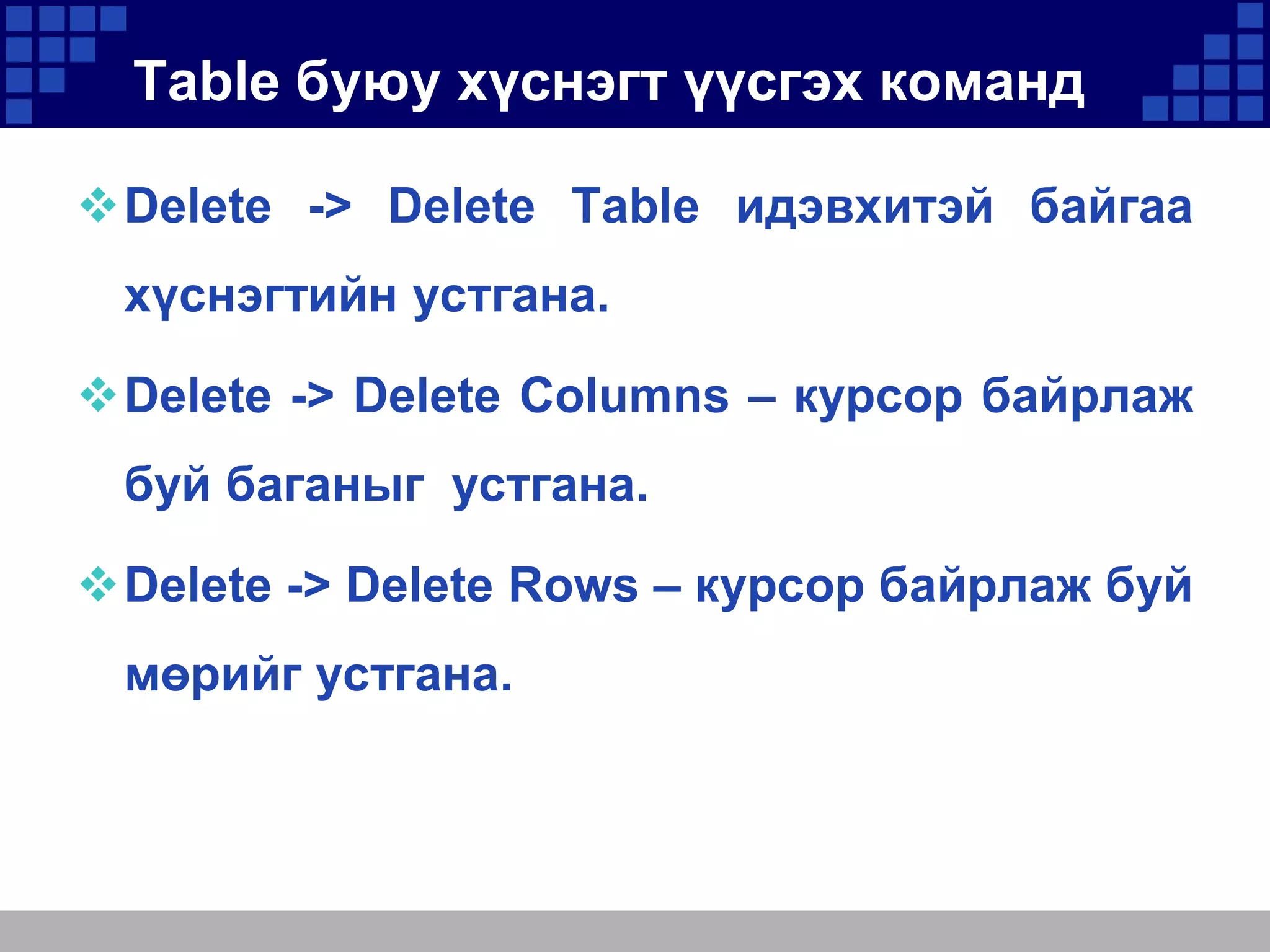 Table буюу хүснэгт үүсгэх команд
Delete -> Delete Table идэвхитэй байгаа

хүснэгтийн устгана.
Delete -> Delete Columns – курсор байрлаж
буй баганыг устгана.
Delete -> Delete Rows – курсор байрлаж буй
мөрийг устгана.

 