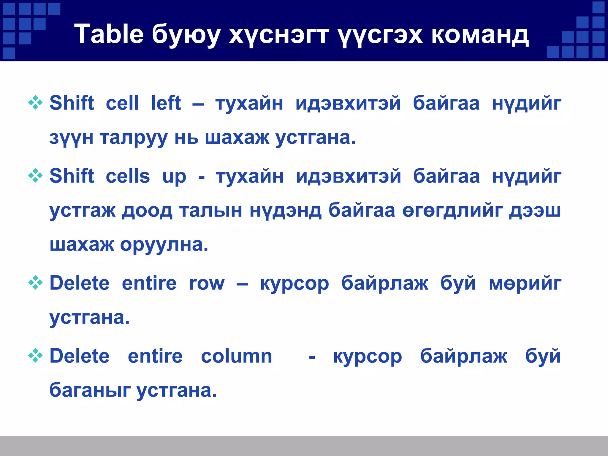 Table буюу хүснэгт үүсгэх команд
 Shift cell left – тухайн идэвхитэй байгаа нүдийг
зүүн талруу нь шахаж устгана.
 Shift cells up - тухайн идэвхитэй байгаа нүдийг
устгаж доод талын нүдэнд байгаа өгөгдлийг дээш
шахаж оруулна.
 Delete entire row – курсор байрлаж буй мөрийг
устгана.
 Delete entire column
баганыг устгана.

- курсор байрлаж буй

 