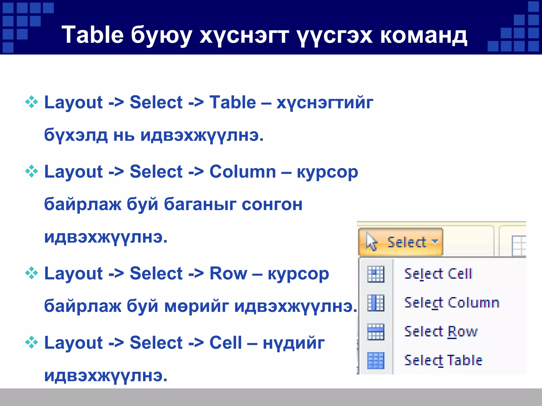 Table буюу хүснэгт үүсгэх команд
 Layout -> Select -> Table – хүснэгтийг
бүхэлд нь идвэхжүүлнэ.
 Layout -> Select -> Column – курсор
байрлаж буй баганыг сонгон

идвэхжүүлнэ.
 Layout -> Select -> Row – курсор
байрлаж буй мөрийг идвэхжүүлнэ.
 Layout -> Select -> Cell – нүдийг
идвэхжүүлнэ.

 