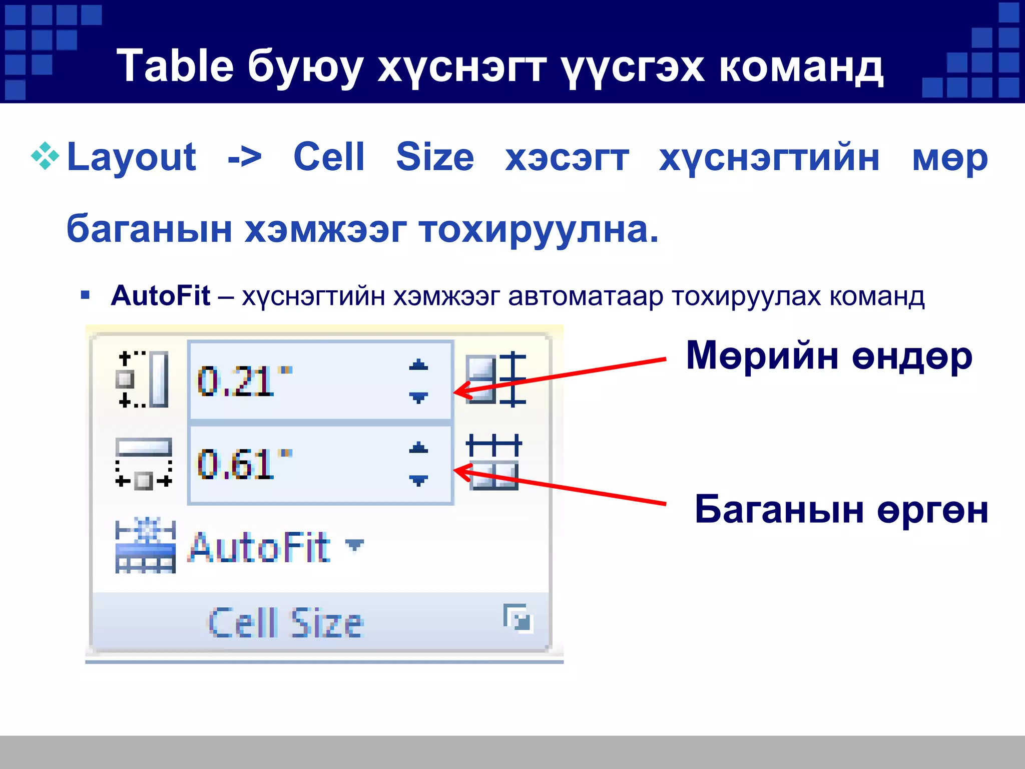 Table буюу хүснэгт үүсгэх команд
Layout -> Cell Size хэсэгт хүснэгтийн мөр
баганын хэмжээг тохируулна.
 AutoFit – хүснэгтийн хэмжээг автоматаар тохируулах команд

Мөрийн өндөр

Баганын өргөн

 