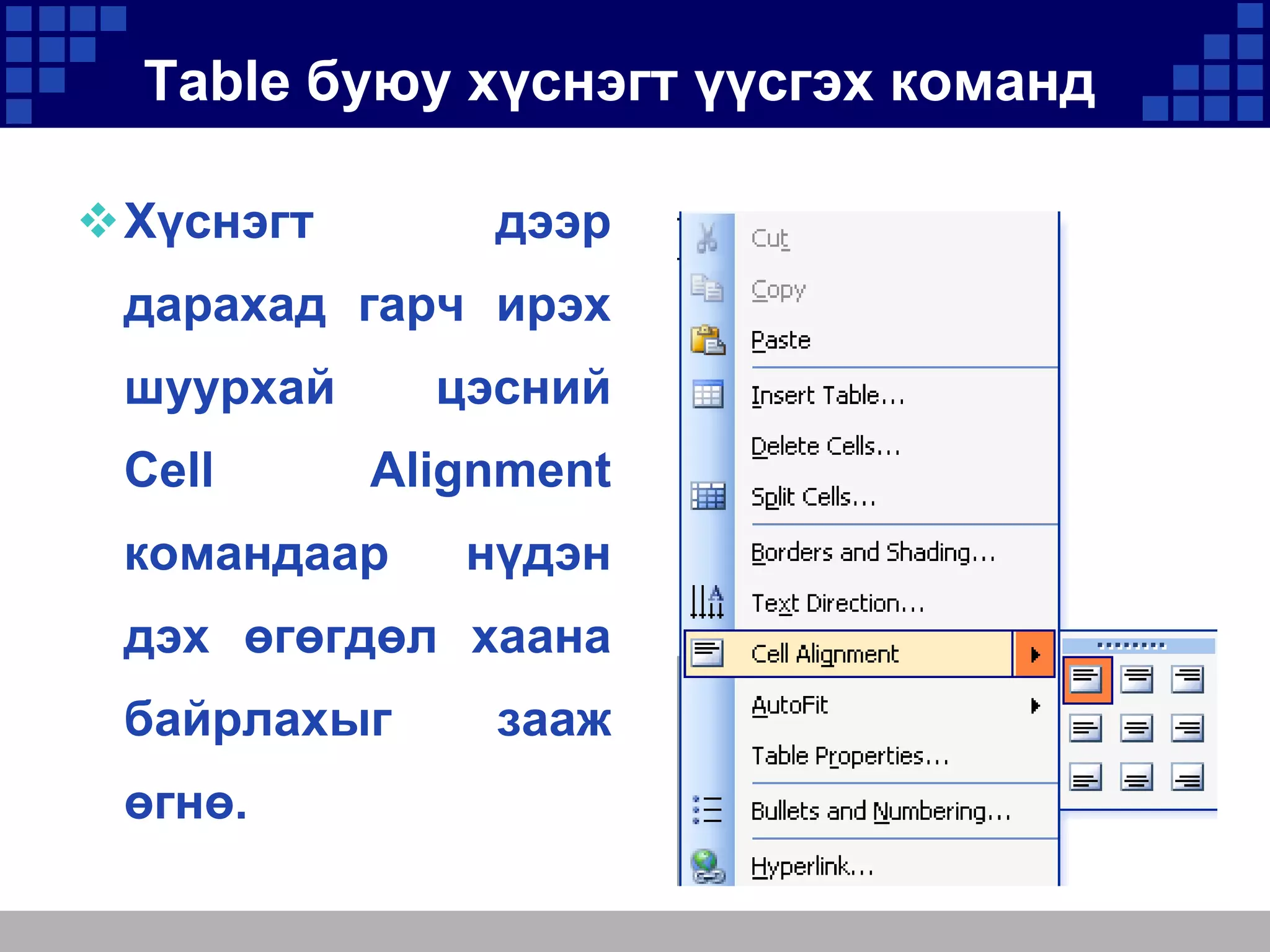 Table буюу хүснэгт үүсгэх команд
дээр

Хүснэгт

дарахад гарч ирэх
шуурхай
Cell

цэсний
Alignment

командаар

нүдэн

дэх өгөгдөл хаана
байрлахыг
өгнө.

зааж

 