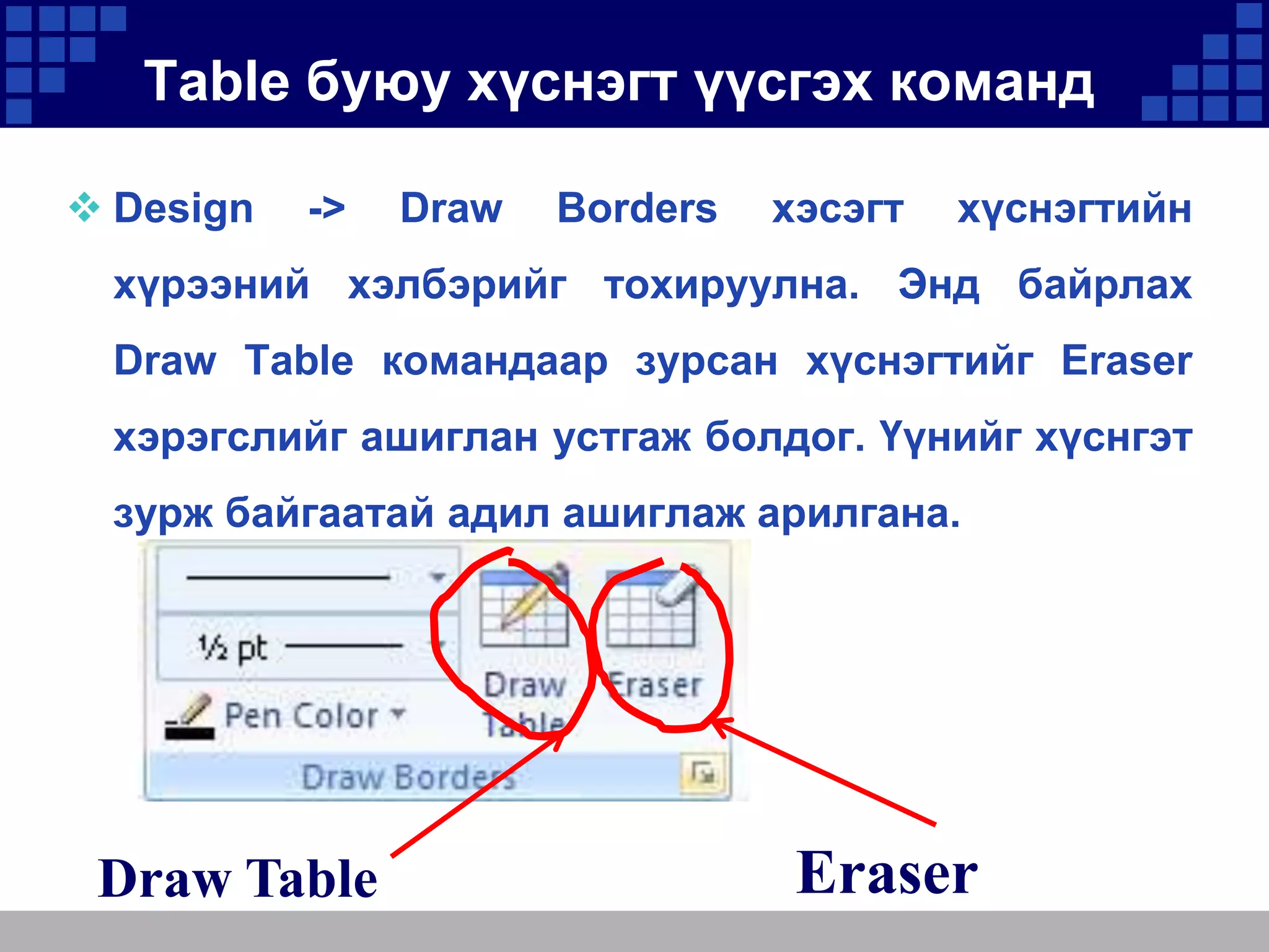 Table буюу хүснэгт үүсгэх команд
 Design

->

Draw

Borders

хэсэгт

хүснэгтийн

хүрээний хэлбэрийг тохируулна. Энд байрлах
Draw Table командаар зурсан хүснэгтийг Eraser
хэрэгслийг ашиглан устгаж болдог. Үүнийг хүснгэт
зурж байгаатай адил ашиглаж арилгана.

Draw Table

Eraser

 