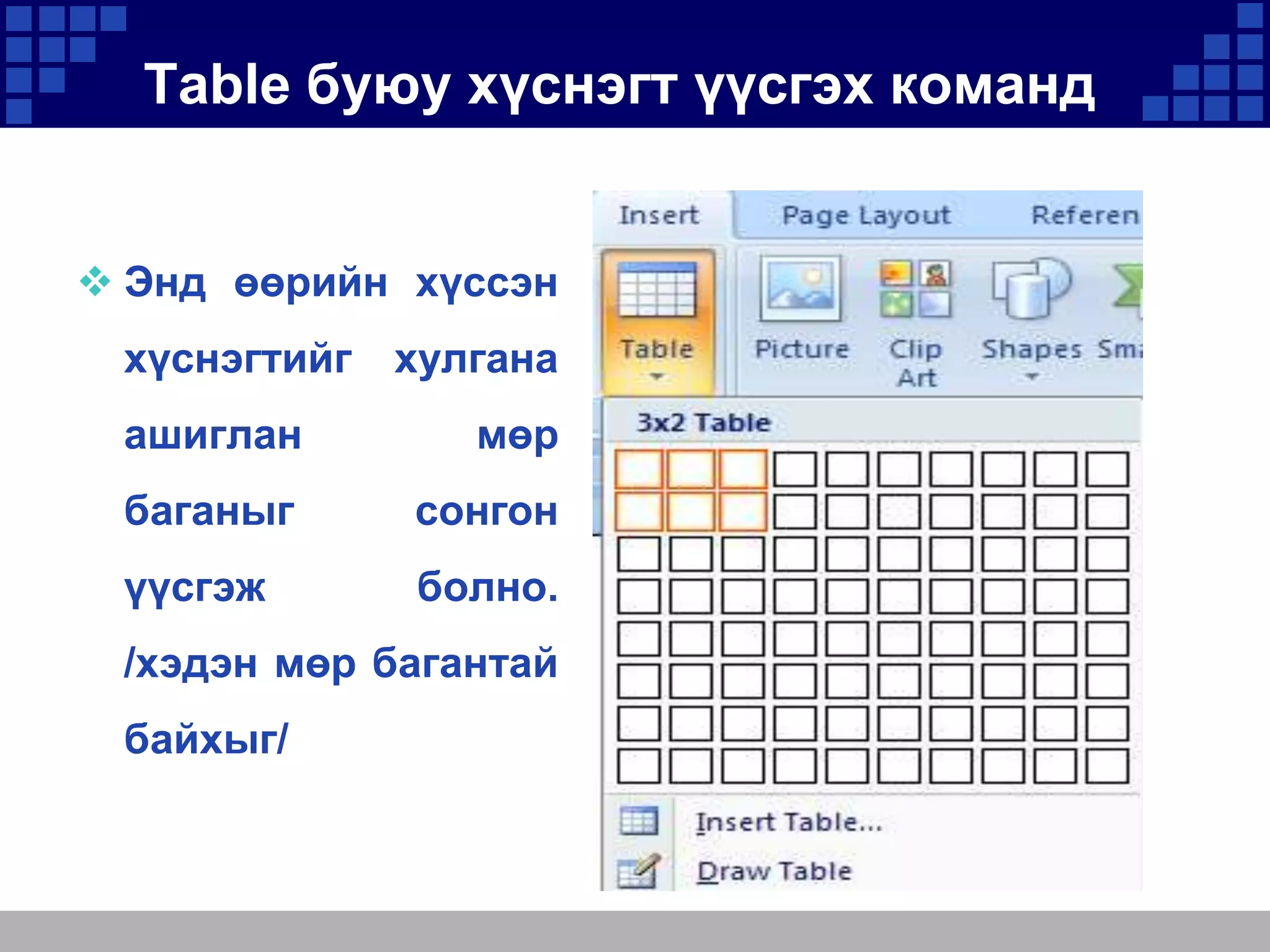 Table буюу хүснэгт үүсгэх команд

 Энд өөрийн хүссэн

хүснэгтийг

хулгана

ашиглан

мөр

баганыг

сонгон

үүсгэж

болно.

/хэдэн мөр багантай
байхыг/

 