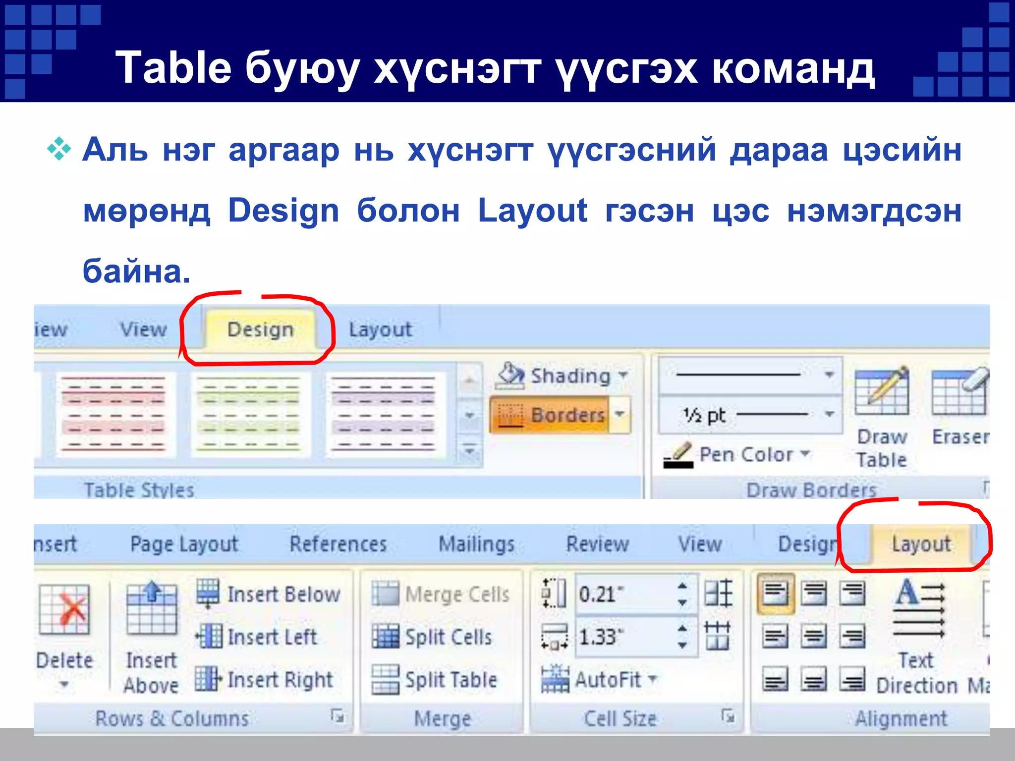 Table буюу хүснэгт үүсгэх команд
 Аль нэг аргаар нь хүснэгт үүсгэсний дараа цэсийн
мөрөнд Design болон Layout гэсэн цэс нэмэгдсэн

байна.

 