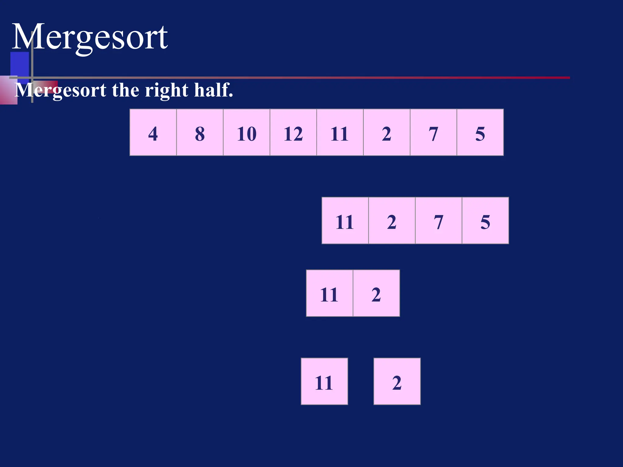 Mergesort
10 12 11 2 7 5
8
4
Mergesort the right half.
11 2 7 5
11 2
11 2
 