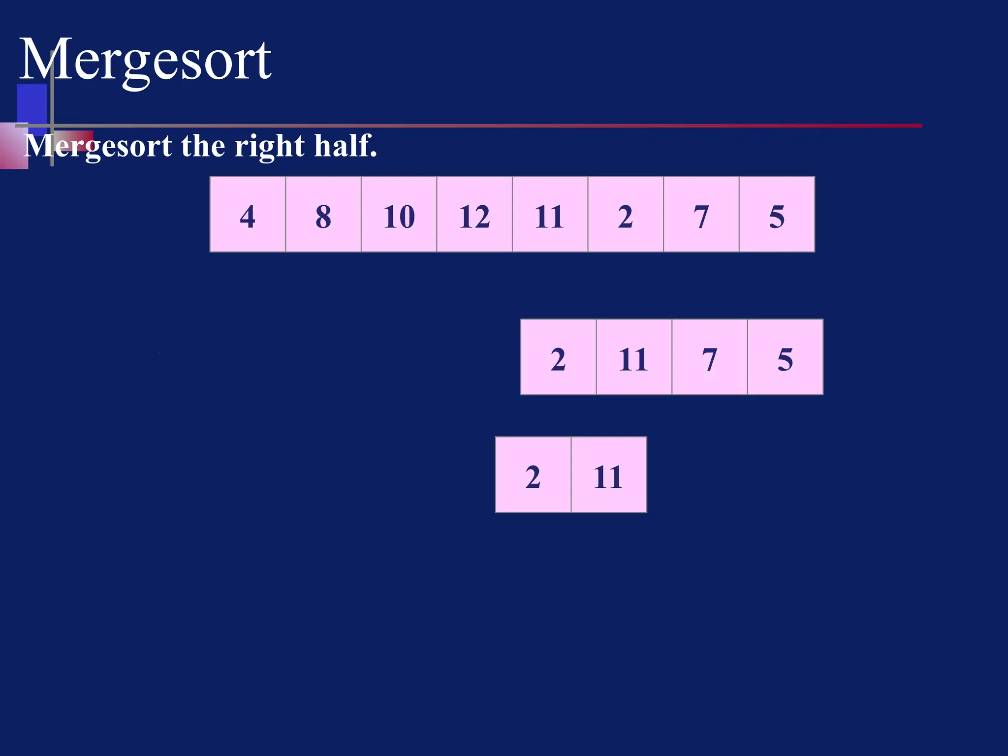 Mergesort
10 12 11 2 7 5
8
4
Mergesort the right half.
11 2 7 5
11 2
2 11
2 11
 