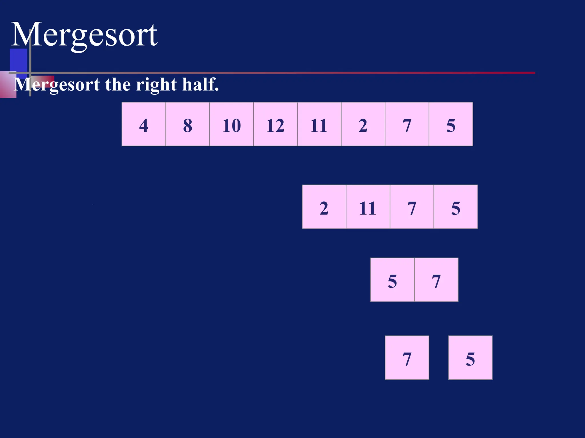 Mergesort
10 12 11 2 7 5
8
4
Mergesort the right half.
11 2 7 5
2 11
7
5
7 5
 