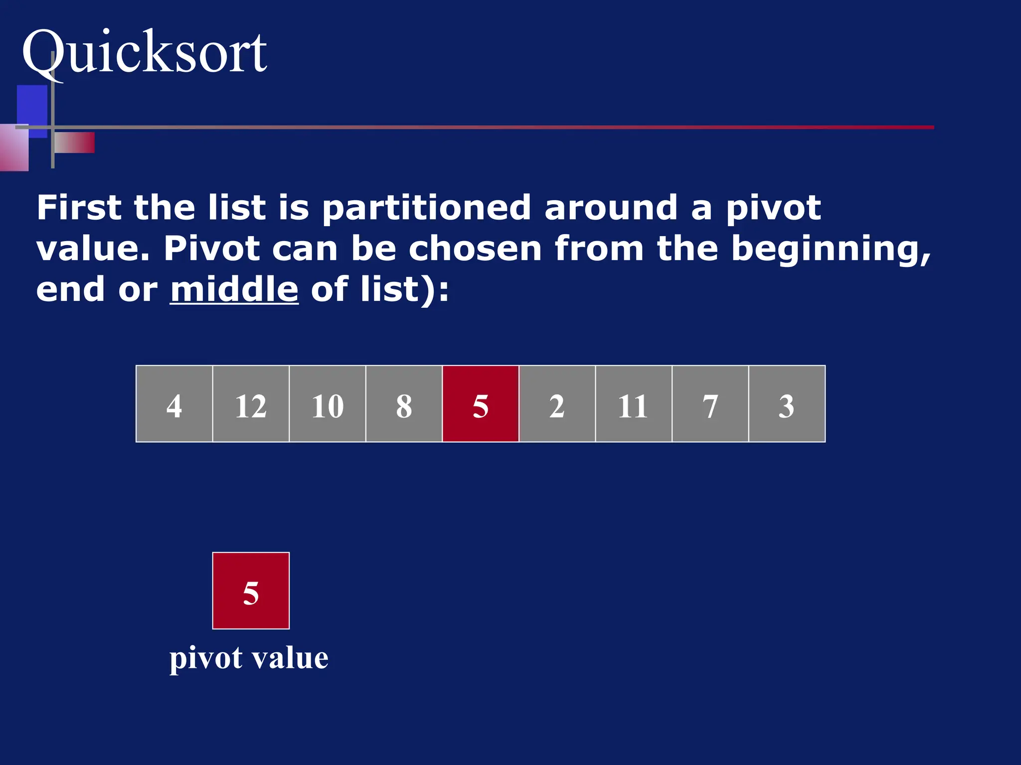 Quicksort
First the list is partitioned around a pivot
value. Pivot can be chosen from the beginning,
end or middle of list):
8 3
2 11 7
5
4 10
12
4 5
5
pivot value
 