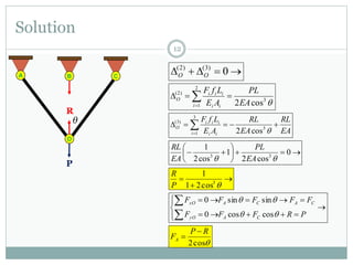 Solution
12
 0)3()2(
OO






 0
cos2
1
cos2
1
33
 EA
PL
EA
RL
A B C
O
P
R
θ



3
cos21
1
P
R









PRFFF
FFFFF
CAyO
CACAxO


coscos0
sinsin0
cos2
RP
FA


3
2
1
)2(
cos2EA
PL
AE
LfF
i ii
iii
O  
EA
RL
EA
RL
AE
LfF
i ii
iii
O   3
3
1
)3(
cos2
 