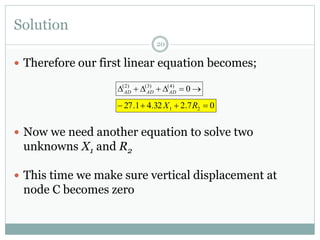 Solution
20
 Therefore our first linear equation becomes;
 Now we need another equation to solve two
unknowns X1 and R2
 This time we make sure vertical displacement at
node C becomes zero
 0)4()3()2(
ADADAD
07.232.41.27 21  RX
 