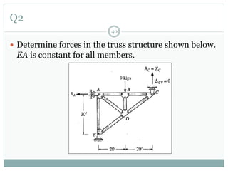 Q2
40
 Determine forces in the truss structure shown below.
EA is constant for all members.
 