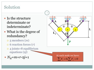 Solution
7
 Is the structure
determinate or
indeterminate?
 What is the degree of
redundancy?
 3 members (m)
 6 reaction forces (r)
 4 joints=8 equilibrium
equations (2j)
 NR=m+r-2j=1
At each node we have:
  0,0 yx FF
1 2 3
 