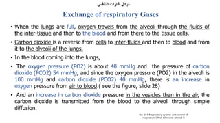 ‫التنفس‬ ‫غازات‬ ‫تبادل‬
Exchange of respiratory Gases
• When the lungs are full, oxygen travels from the alveoli through the fluids of
the inter-tissue and then to the blood and from there to the tissue cells.
• Carbon dioxide is a reverse from cells to inter-fluids and then to blood and from
it to the alveoli of the lungs.
• In the blood coming into the lungs,
• The oxygen pressure (PO2) is about 40 mmHg and the pressure of carbon
dioxide (PCO2) 54 mmHg, and since the oxygen pressure (PO2) in the alveoli is
100 mmHg and carbon dioxide (PCO2) 40 mmHg, there is an increase in
oxygen pressure from air to blood.( see the figure, slide 28)
• And an increase in carbon dioxide pressure in the vesicles than in the air, the
carbon dioxide is transmitted from the blood to the alveoli through simple
diffusion.
Bio 314 Respiratory system and control of
respiration  Prof Alhimaidi Ahmad R
 