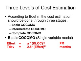 Three Levels of Cost Estimation
• According to Boehm the cost estimation
should be done through three stages:
– Basic COCOMO
– Intermediate COCOMO
– Complete COCOMO
• Basic COCOMO (Single variable model)
Effort = a * (KLOC) b PM
Tdev = 2.5* (Effort)C months
 