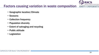 Factors causing variation in waste composition
SERVICES FOR BUILT ENVIRONMENT
14
• Geographic location/Climate
• Seasons
• Collection frequency
• Population diversity
• Extent of salvaging and recycling
• Public attitude
• Legislation
 