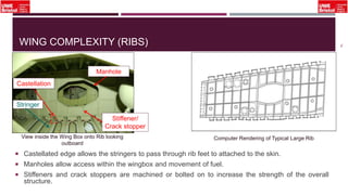 WING COMPLEXITY (RIBS)
 Castellated edge allows the stringers to pass through rib feet to attached to the skin.
 Manholes allow access within the wingbox and movement of fuel.
 Stiffeners and crack stoppers are machined or bolted on to increase the strength of the overall
structure.
14
Stringer
Castellation
Manhole
Stiffener/
Crack stopper
View inside the Wing Box onto Rib looking
outboard
Computer Rendering of Typical Large Rib
 