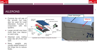 AILERONS
 Controls the roll rate of
the aircraft, but may
also be used for Load
Alleviation Function in
conjunction with the
spoilers;
 Larger aircraft may have
more than one aileron
on each wing;
 Attached onto trailing
edge ribs aft of the rear
spar;
 Mass weights are
usually added forward of
the hinge line to reduce
flutter.
23
Aileron
Static discharger
View on underside of wing, looking up
Exploded view of Aileron composite structure
 