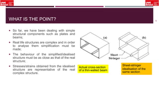 WHAT IS THE POINT?
 So far, we have been dealing with simple
structural components such as plates and
beams;
 Real life structures are complex and in order
to analyse them simplification must be
made;
 The behaviour of the simplified/idealised
structure must be as close as that of the real
structure;
 Stresses/strains obtained from the idealised
structure are representative of the real
complex structure.
26
Actual cross-section
of a thin-walled beam
Sheet-stringer
idealisation of the
same section
 