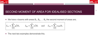 SECOND MOMENT OF AREA FOR IDEALISED SECTIONS
 We have n booms with areas B1, B2, … Bn the second moment of areas are;
 The next two examples demonstrate this.
38
 