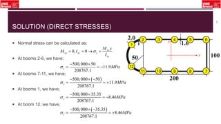 SOLUTION (DIRECT STRESSES)
 Normal stress can be calculated as;
 At booms 2-6, we have;
 At booms 7-11, we have;
 At booms 1, we have;
 At boom 12, we have;
47
0, 0 xx
yy xy z
xx
M y
M I
I
   
500,000 50
11.9
208767.1
z MPa
 
  
 500,000 50
11.9
208767.1
z MPa
  
  
x
y
711 9 8
62 4 5
1
12
3
10
500,000 35.35
8.46
208767.1
z MPa
 
  
 500,000 35.35
8.46
208767.1
z MPa
  
  
 