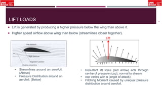 LIFT LOADS
 Lift is generated by producing a higher pressure below the wing than above it.
 Higher speed airflow above wing than below (streamlines closer together).
6
• Streamlines around an aerofoil.
(Above)
• Pressure Distribution around an
aerofoil. (Below)
Lift
• Resultant lift force (red arrow) acts through
centre of pressure (cop), normal to stream
• cop varies with α (angle of attack)
• Pitching Moment caused by unequal pressure
distribution around aerofoil.
 