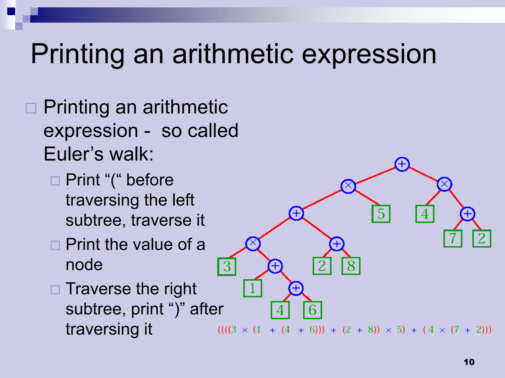 Printing an arithmetic expression
   Printing an arithmetic
    expression - so called
    Euler’s walk:
     Print “(“ before
      traversing the left
      subtree, traverse it
     Print the value of a
      node
     Traverse the right
      subtree, print “)” after
      traversing it
                                    10
 