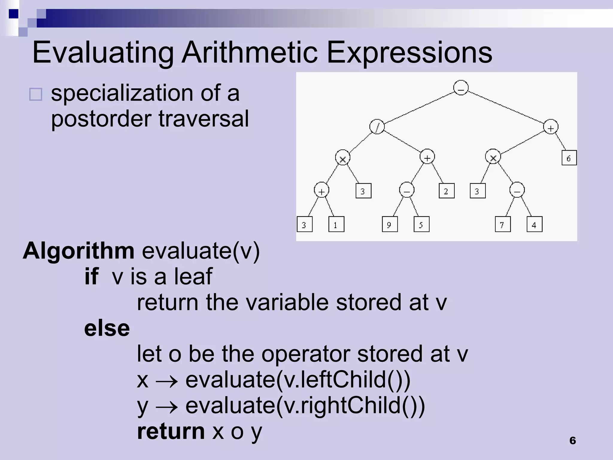Evaluating Arithmetic Expressions
   specialization of a
    postorder traversal




Algorithm evaluate(v)
     if v is a leaf
           return the variable stored at v
     else
           let o be the operator stored at v
           x     evaluate(v.leftChild())
           y     evaluate(v.rightChild())
           return x o y                        6
 