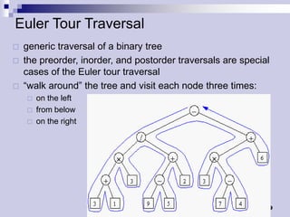 Euler Tour Traversal
   generic traversal of a binary tree
   the preorder, inorder, and postorder traversals are special
    cases of the Euler tour traversal
   “walk around” the tree and visit each node three times:
       on the left
       from below
       on the right




                                                              9
 