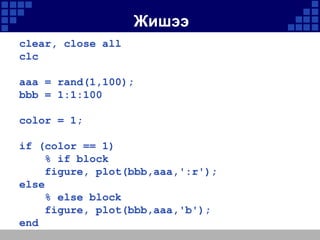Жишээ
clear, close all
clc
aaa = rand(1,100);
bbb = 1:1:100

color = 1;
if (color == 1)
% if block
figure, plot(bbb,aaa,':r');
else
% else block
figure, plot(bbb,aaa,'b');
end

 