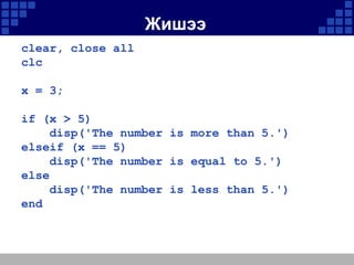 Жишээ
clear, close all
clc
x = 3;
if (x > 5)
disp('The number is more than 5.')
elseif (x == 5)
disp('The number is equal to 5.')
else
disp('The number is less than 5.')
end

 