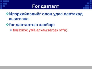For давталт
Илэрхийлэлийг олон удаа давтахад
ашиглана.
for давталтын хэлбэр:
 for(эхлэх утга:алхам:төгсөх утга)

 