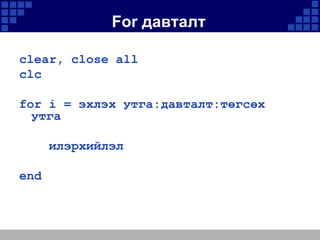 For давталт
clear, close all
clc
for i = эхлэх утга:давталт:төгсөх
утга
илэрхийлэл

end

 