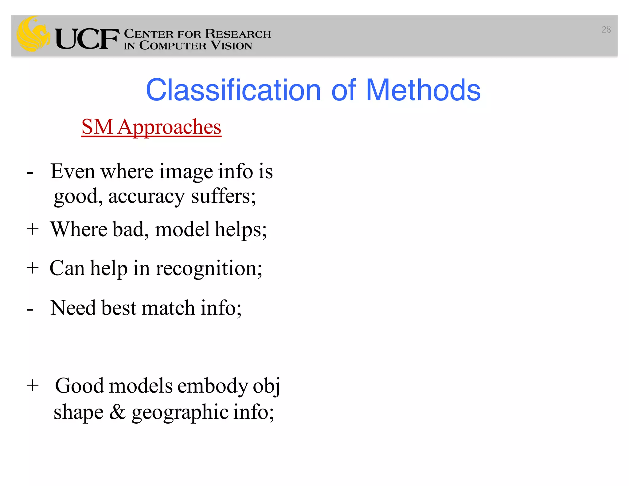 Classification of Methods
28
SMApproaches
- Even where image info is
good, accuracy suffers;
+ Where bad, model helps;
+ Can help in recognition;
- Need best match info;
+ Good models embody obj
shape & geographic info;
 
