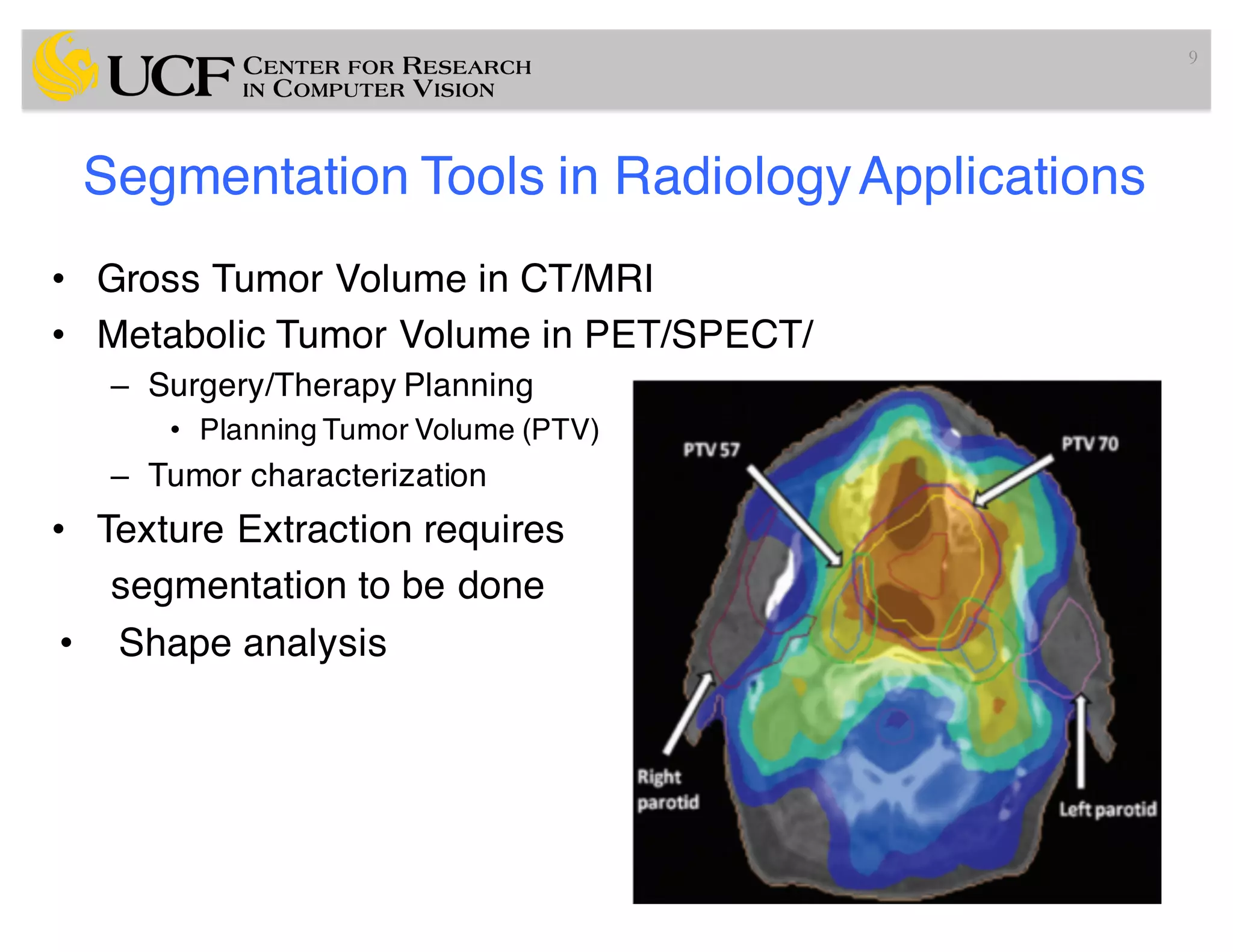 Segmentation Tools in RadiologyApplications
• Gross Tumor Volume in CT/MRI
• Metabolic Tumor Volume in PET/SPECT/
– Surgery/Therapy Planning
• Planning Tumor Volume (PTV)
– Tumor characterization
• Texture Extraction requires
segmentation to be done
• Shape analysis
9
 